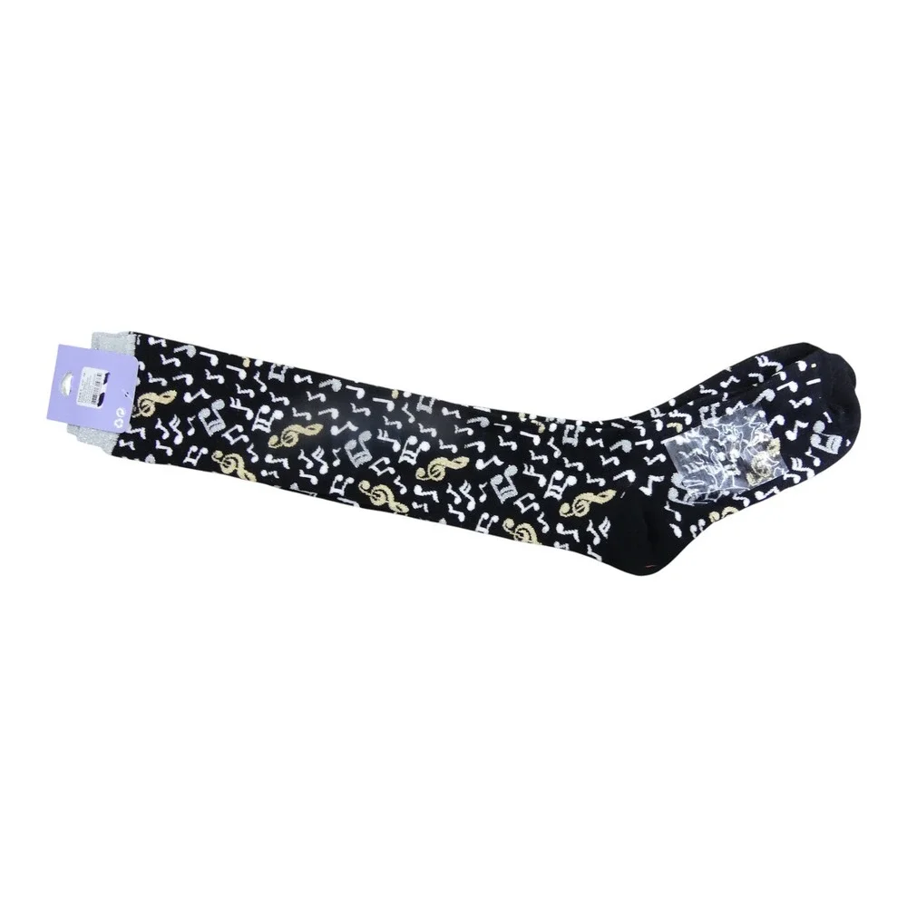 Claire's Knee High Socks Womens 9-11 Black New Music Notes Metallic Glitter Cuff